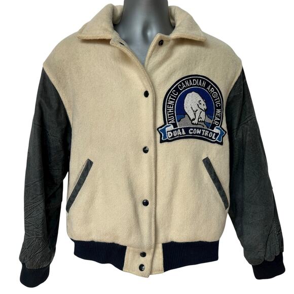 Vintage Dual Control Bomber Jacket Cream Blue Polar Bear Coat Womens Size Medium - Picture 14 of 14